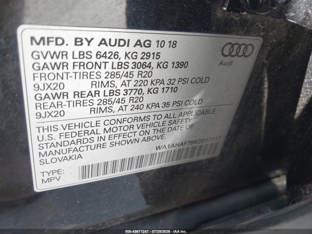 2019 Audi Q7 45 Premium/45 Se Premium მანქანა იყიდება აუქციონზე, vin: WA1AHAF79KD017117, აუქციონის ნომერი: 45671247