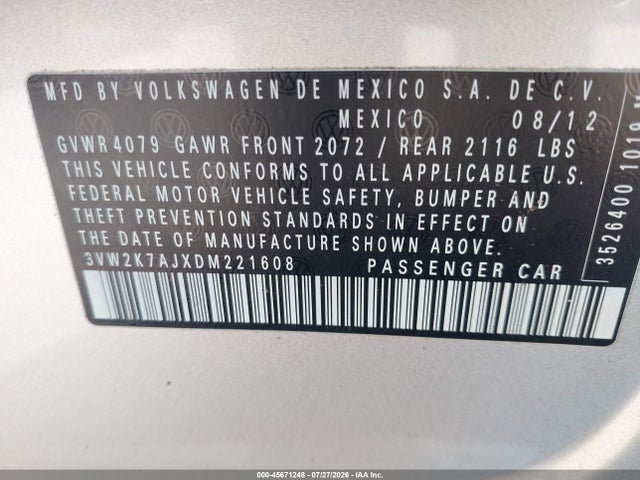 2013 Volkswagen Jetta 2.0l S მანქანა იყიდება აუქციონზე, vin: 3VW2K7AJXDM221608, აუქციონის ნომერი: 45671248