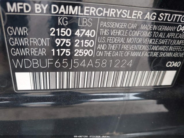 Aukcja sprzedaży 2004 Mercedes-benz E 320, vin: WDBUF65J54A581224, numer aukcji: 45671250