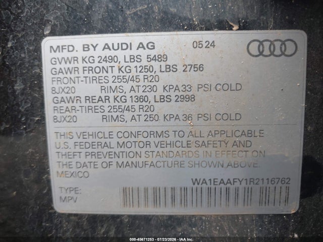 2024 Audi Q5 Premium Plus 45 Tfsi S Line Quattro მანქანა იყიდება აუქციონზე, vin: WA1EAAFY1R2116762, აუქციონის ნომერი: 45671253