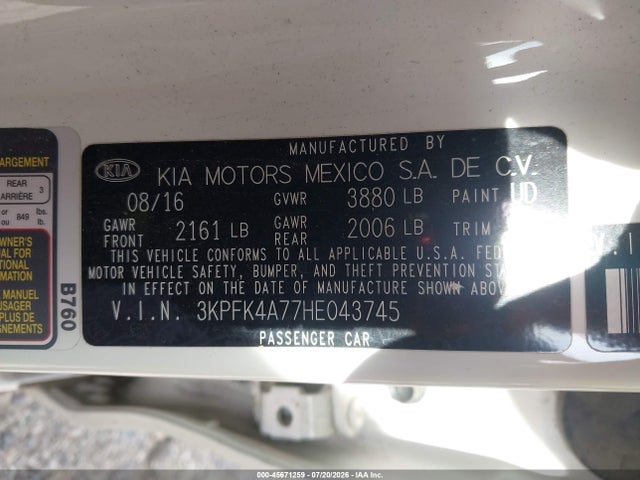 45671259 :رقم المزاد ، 3KPFK4A77HE043745 vin ، 2017 Kia Forte Lx مزاد بيع