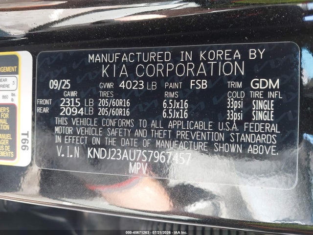 Aukcja sprzedaży 2025 Kia Soul Lx, vin: KNDJ23AU7S7967457, numer aukcji: 45671263