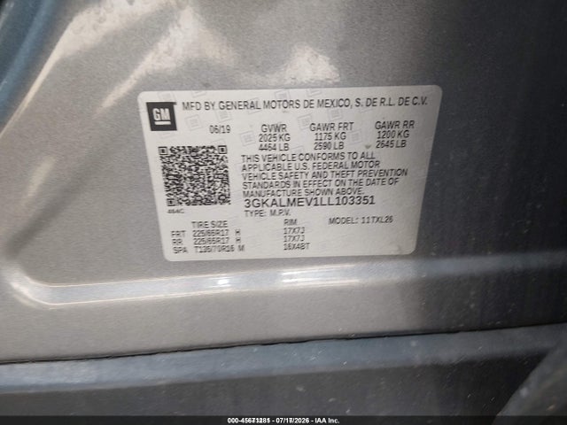 45671281 :رقم المزاد ، 3GKALMEV1LL103351 vin ، 2020 Gmc Terrain Fwd Sle مزاد بيع