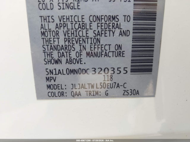 45671299 :رقم المزاد ، 5N1AL0MN0DC320355 vin ، 2013 Infiniti Jx35 مزاد بيع