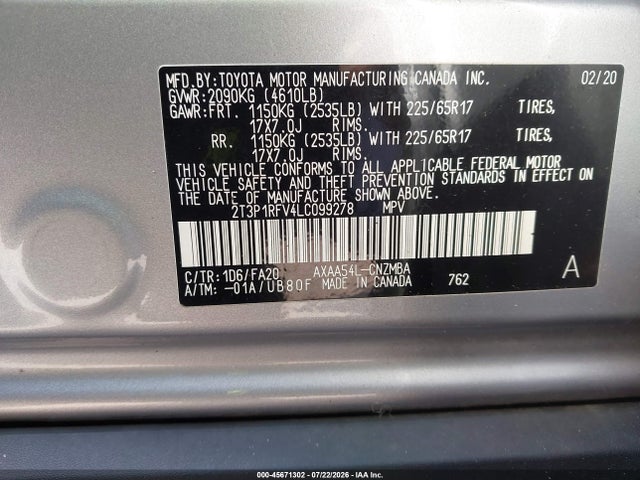 45671302 :رقم المزاد ، 2T3P1RFV4LC099278 vin ، 2020 Toyota Rav4 Xle مزاد بيع
