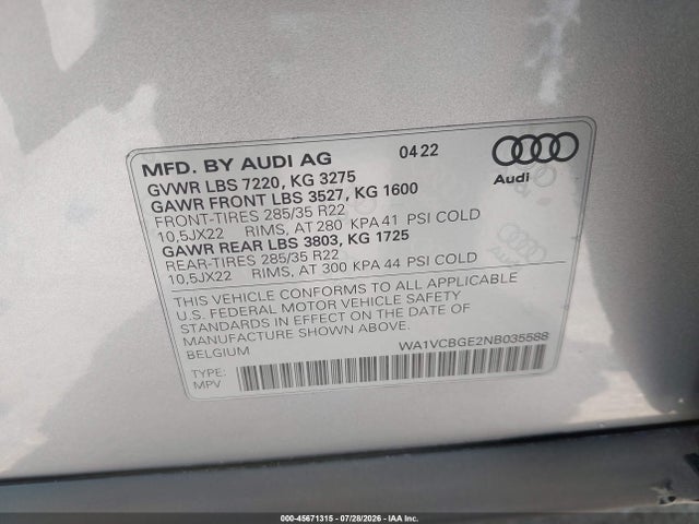 Продажа на аукционе авто 2022 Audi E-tron S Prestige Quattro, vin: WA1VCBGE2NB035588, номер лота: 45671315