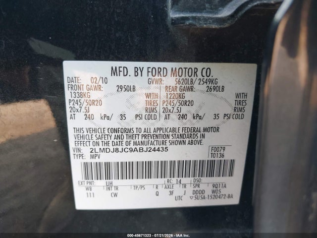 45671323 :رقم المزاد ، 2LMDJ8JC9ABJ24435 vin ، 2010 Lincoln Mkx مزاد بيع