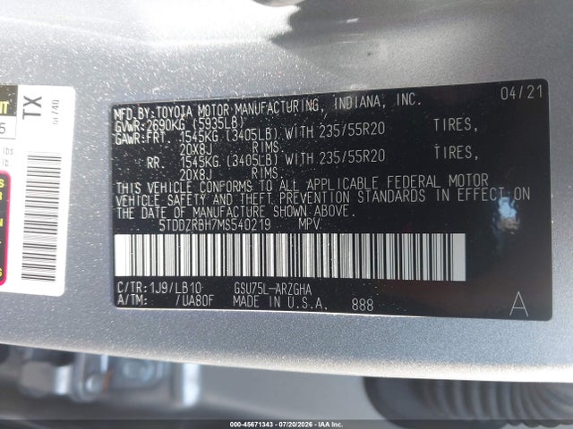 2021 Toyota Highlander Limited მანქანა იყიდება აუქციონზე, vin: 5TDDZRBH7MS540219, აუქციონის ნომერი: 45671343