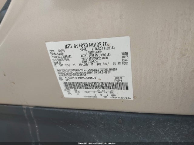 Продажа на аукционе авто 2017 Ford Explorer Limited, vin: 1FM5K7F89HGA58595, номер лота: 45671345