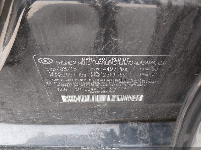Aukcja sprzedaży 2016 Hyundai Sonata Se, vin: 5NPE24AF7GH300996, numer aukcji: 45671352