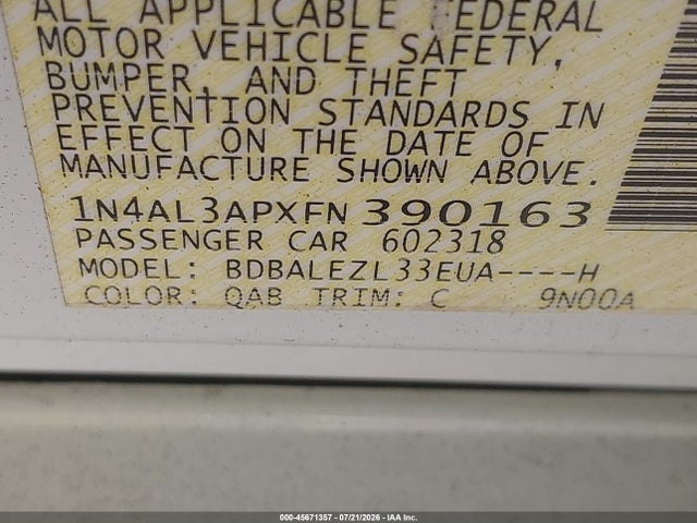 2015 Nissan Altima 2.5 S მანქანა იყიდება აუქციონზე, vin: 1N4AL3APXFN390163, აუქციონის ნომერი: 45671357