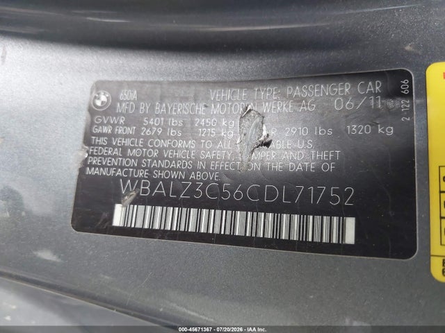 Aukcja sprzedaży 2012 Bmw 650i, vin: WBALZ3C56CDL71752, numer aukcji: 45671367