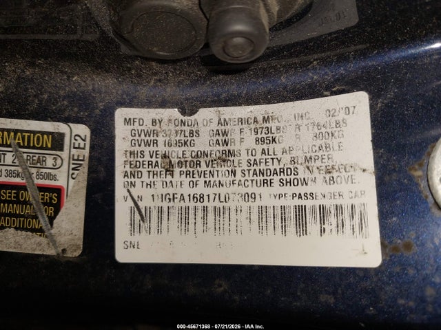 45671368 :رقم المزاد ، 1HGFA16817L073091 vin ، 2007 Honda Civic Ex مزاد بيع