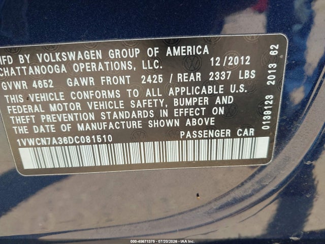 45671375 :رقم المزاد ، 1VWCN7A36DC081510 vin ، 2013 Volkswagen Passat 2.0l Tdi Sel Premium مزاد بيع