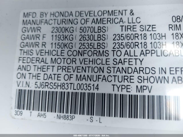 5J6RS5H83TL003514 Honda Cr-v Hybrid 2wd Sport-l