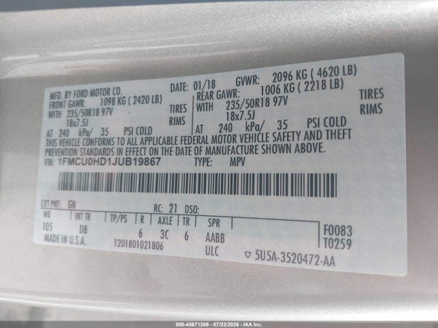 2018 Ford Escape Sel მანქანა იყიდება აუქციონზე, vin: 1FMCU0HD1JUB19867, აუქციონის ნომერი: 45671389