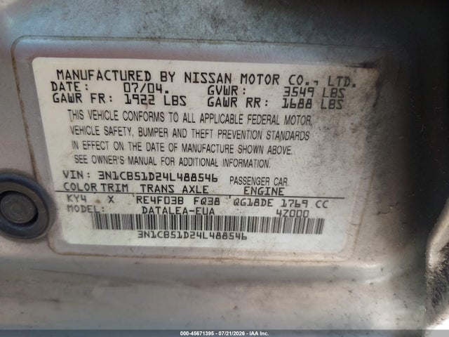 Продаж на аукціоні авто 2004 Nissan Sentra 1.8s, vin: 3N1CB51D24L488546, номер лоту: 45671395