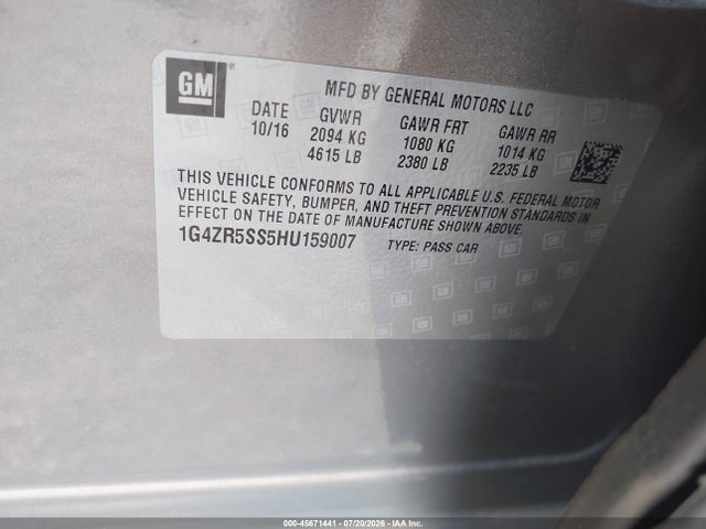 2017 Buick Lacrosse Premium მანქანა იყიდება აუქციონზე, vin: 1G4ZR5SS5HU159007, აუქციონის ნომერი: 45671441
