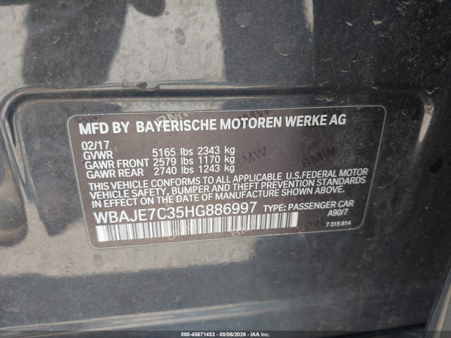 Aukcja sprzedaży 2017 Bmw 540i Xdrive, vin: WBAJE7C35HG886997, numer aukcji: 45671453