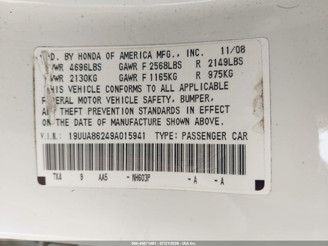 45671461 :رقم المزاد ، 19UUA86249A015941 vin ، 2009 Acura Tl 3.5 مزاد بيع