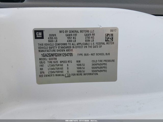 Chevrolet Express 3500 Ls 2017 1GAZGNFGXH1294705 Image 9