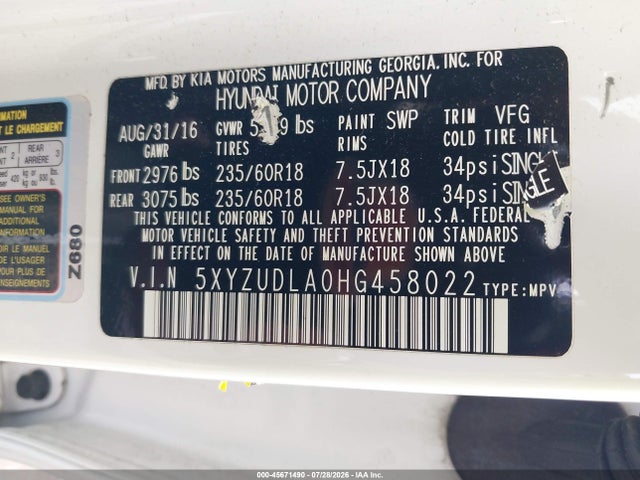 Продажа на аукционе авто 2017 Hyundai Santa Fe Sport 2.0t, vin: 5XYZUDLA0HG458022, номер лота: 45671490