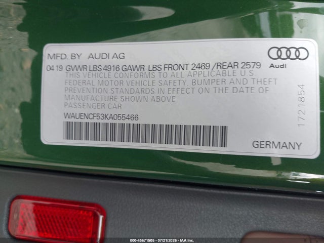 Aukcja sprzedaży 2019 Audi A5 45 Premium, vin: WAUENCF53KA055466, numer aukcji: 45671505