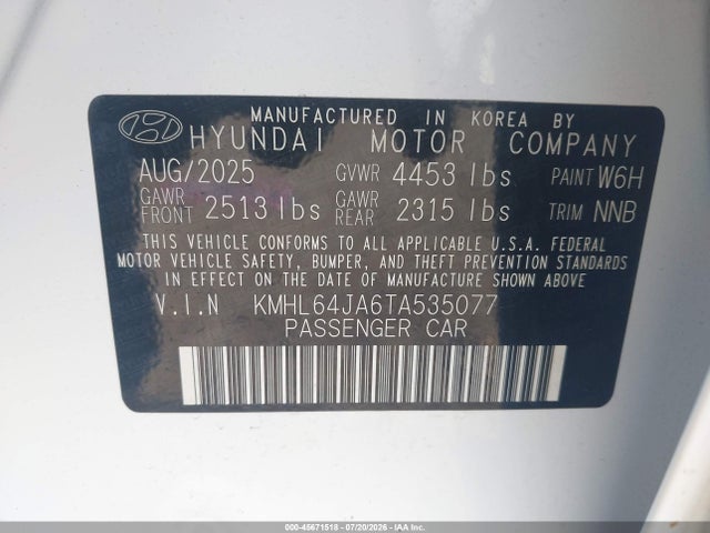 2026 Hyundai Sonata Sel Sport მანქანა იყიდება აუქციონზე, vin: KMHL64JA6TA535077, აუქციონის ნომერი: 45671518