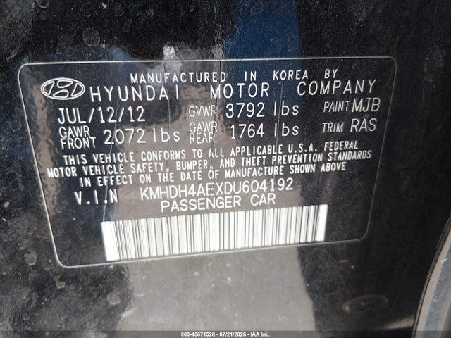 Продаж на аукціоні авто 2013 Hyundai Elantra Gls, vin: KMHDH4AEXDU604192, номер лоту: 45671528