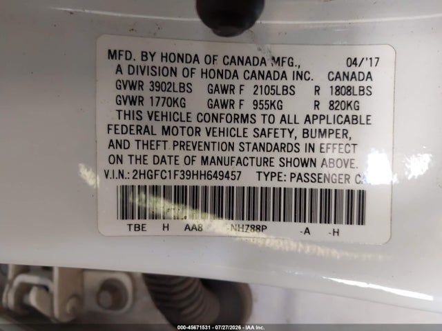 45671531 :رقم المزاد ، 2HGFC1F39HH649457 vin ، 2017 Honda Civic Ex-t مزاد بيع