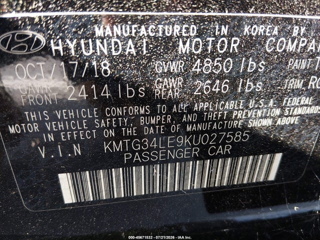 45671532 :رقم المزاد ، KMTG34LE9KU027585 vin ، 2019 Genesis G70 3.3t Advanced مزاد بيع