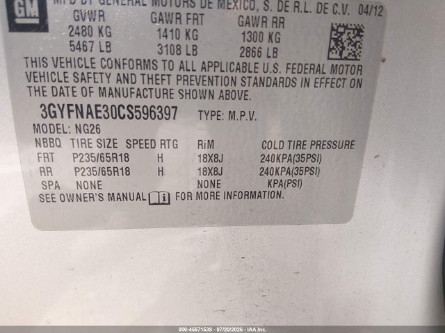 45671538 :رقم المزاد ، 3GYFNAE30CS596397 vin ، 2012 Cadillac Srx Luxury Collection مزاد بيع