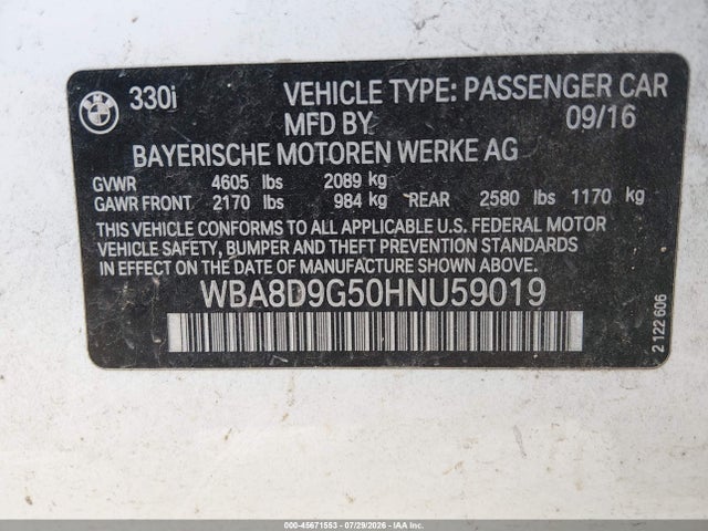 Продаж на аукціоні авто 2017 Bmw 330i Xdrive, vin: WBA8D9G50HNU59019, номер лоту: 45671553