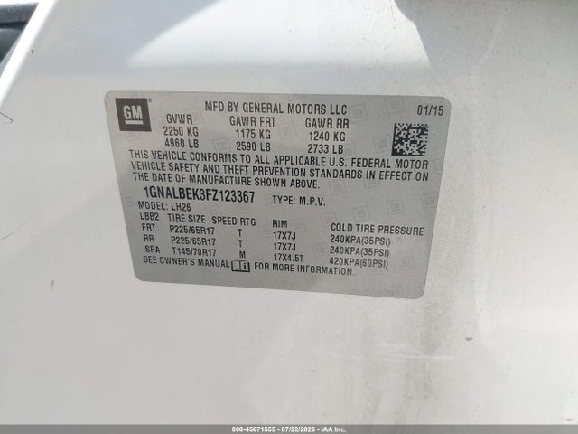 Chevrolet EQUINOX LT 2015 1GNALBEK3FZ123367 Image 9