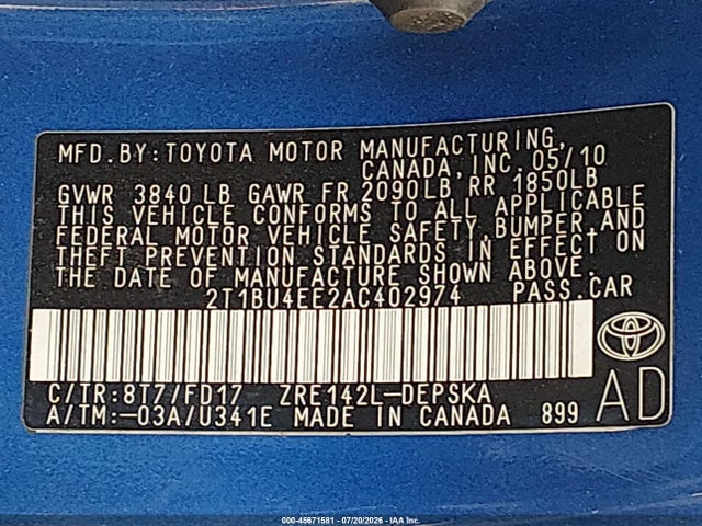 Продажа на аукционе авто 2010 Toyota Corolla S, vin: 2T1BU4EE2AC402974, номер лота: 45671581