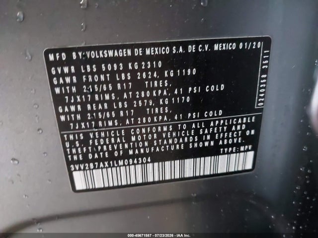45671587 :رقم المزاد ، 3VV2B7AX1LM094304 vin ، 2020 Volkswagen Tiguan 2.0t Se/2.0t Se R-line Black/2.0t Sel مزاد بيع