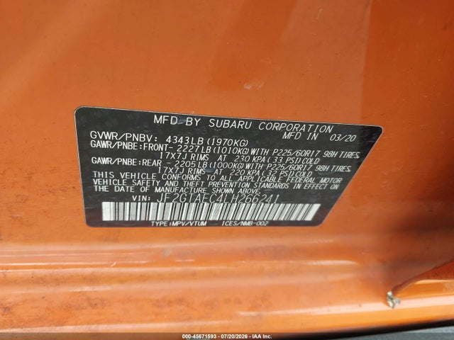 Продаж на аукціоні авто 2020 Subaru Crosstrek Premium, vin: JF2GTAEC4LH266241, номер лоту: 45671593