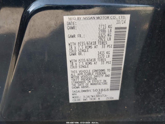 Aukcja sprzedaży 2015 Infiniti Qx60, vin: 5N1AL0MN9FC503868, numer aukcji: 45671596