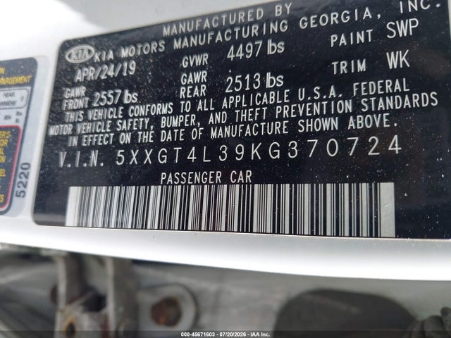 45671603 :رقم المزاد ، 5XXGT4L39KG370724 vin ، 2019 Kia Optima Lx مزاد بيع