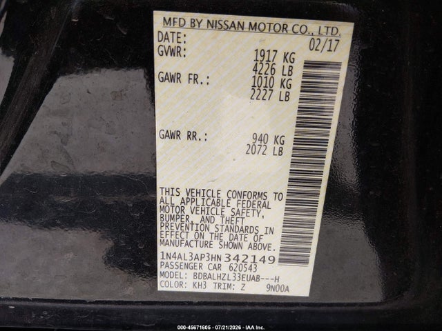 Продажа на аукционе авто 2017 Nissan Altima 2.5 Sr, vin: 1N4AL3AP3HN342149, номер лота: 45671605