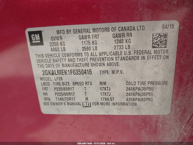 Продаж на аукціоні авто 2015 Gmc Terrain Sle-1, vin: 2GKALMEK1F6350416, номер лоту: 45671646