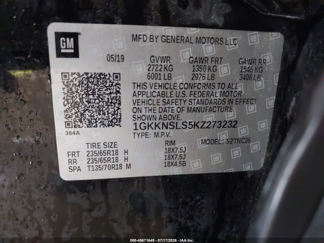Aukcja sprzedaży 2019 Gmc Acadia Sle-2, vin: 1GKKNSLS5KZ273232, numer aukcji: 45671649