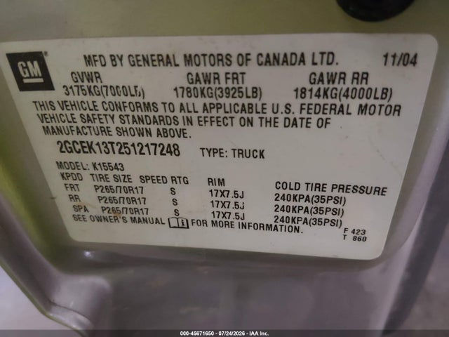 2005 Chevrolet Silverado 1500 Z71 მანქანა იყიდება აუქციონზე, vin: 2GCEK13T251217248, აუქციონის ნომერი: 45671650