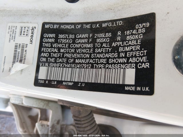 SHHFK7H41KU417912 Honda Civic Sport
