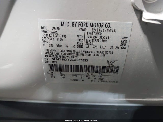 Auction sale of the 2020 Lincoln Aviator Grand Touring, vin: 5LMYJ8XY2LGL37333, lot number: 45671666