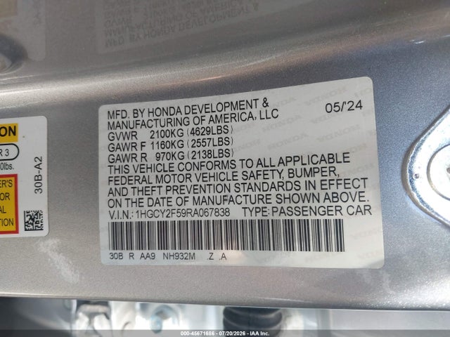 Aukcja sprzedaży 2024 Honda Accord Hybrid Sport, vin: 1HGCY2F59RA067838, numer aukcji: 45671686