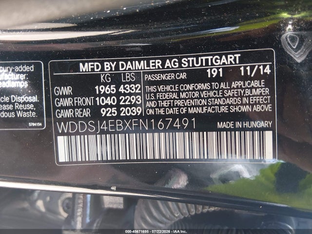 Aukcja sprzedaży 2015 Mercedes-benz Cla 250, vin: WDDSJ4EBXFN167491, numer aukcji: 45671695