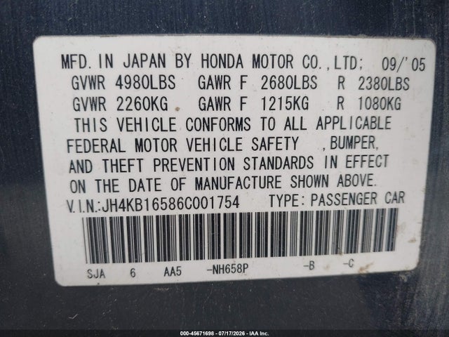 45671698 :رقم المزاد ، JH4KB16586C001754 vin ، 2006 Acura Rl 3.5 مزاد بيع