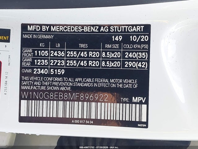45671702 :رقم المزاد ، W1N0G8EB8MF896922 vin ، 2021 Mercedes-benz Glc 300 4matic Suv مزاد بيع