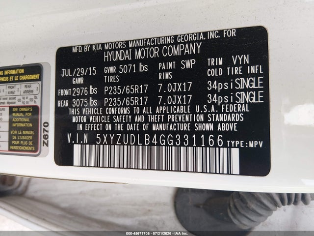 Aukcja sprzedaży 2016 Hyundai Santa Fe Sport 2.4l, vin: 5XYZUDLB4GG331166, numer aukcji: 45671706